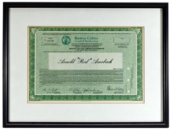 RED AUERBACHS BOSTON CELTICS LIMITED PARTNERSHIP CERTIFICATE FROM THE WALL OF HIS BOSTON OFFICE (PHOTOMATCH)