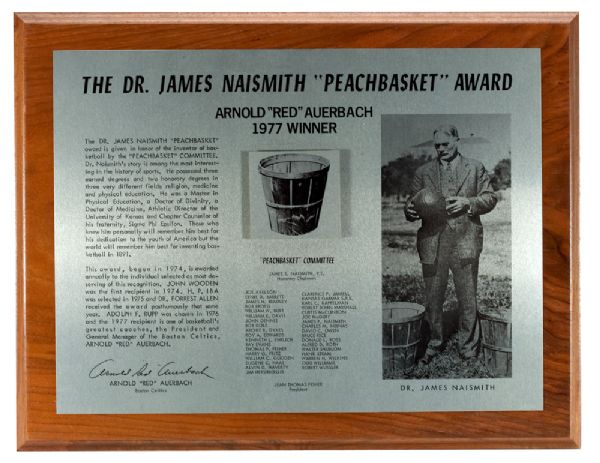 RED AUERBACHS 1977 NAISMITH PEACH BASKET AWARD PLAQUE FROM THE WALL OF HIS BOSTON OFFICE (PHOTOMATCH)