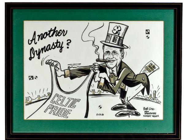 RED AUERBACHS FRAMED ORIGINAL 1981 CARTOON ART BY BOB DIX FROM THE WALL OF HIS BOSTON OFFICE (PHOTOMATCH)