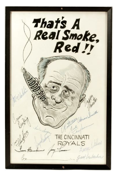 RED AUERBACHS CA. 1966 ORIGINAL NEWSPAPER ART REFERENCING HIS 1000TH WIN SIGNED BY THE CINCINNATI ROYALS INCL. OSCAR ROBERTSON