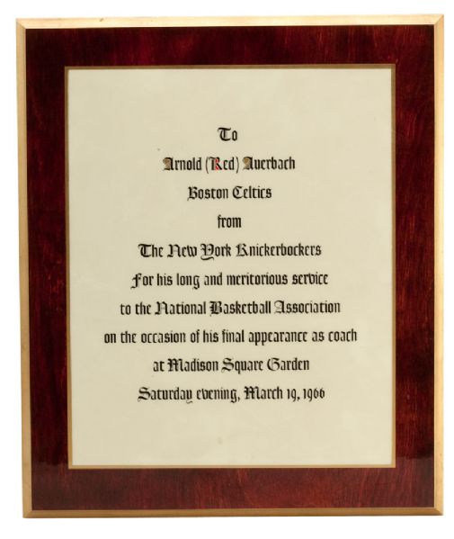 RED AUERBACHS 1966 NEW YORK KNICKS (LAST MSG APPEARANCE) PLAQUE FROM THE WALL OF HIS BOSTON OFFICE (PHOTOMATCH)