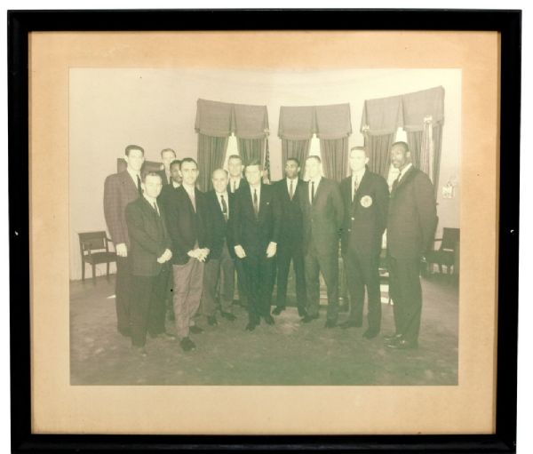 RED AUERBACHS 16X20 FRAMED PHOTO OF CELTICS TEAM IN OVAL OFFICE WITH PRESIDENT KENNEDY FROM THE WALL OF HIS BOSTON OFFICE (PHOTOMATCH)