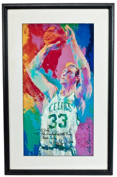 RED AUERBACHS FRAMED 1992 LARRY BIRD PRINT BY LEROY NEIMAN SIGNED BY BIRD TO RED (#1/1033) INCL. RELATED PHOTOS
