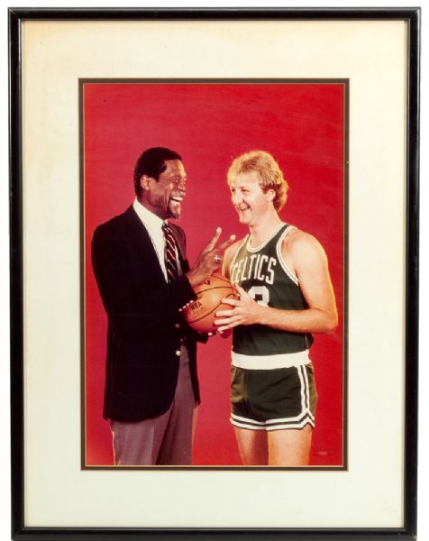 RED AUERBACHS OVERSIZED FRAMED PHOTOGRAPH OF BILL RUSSELL AND LARRY BIRD