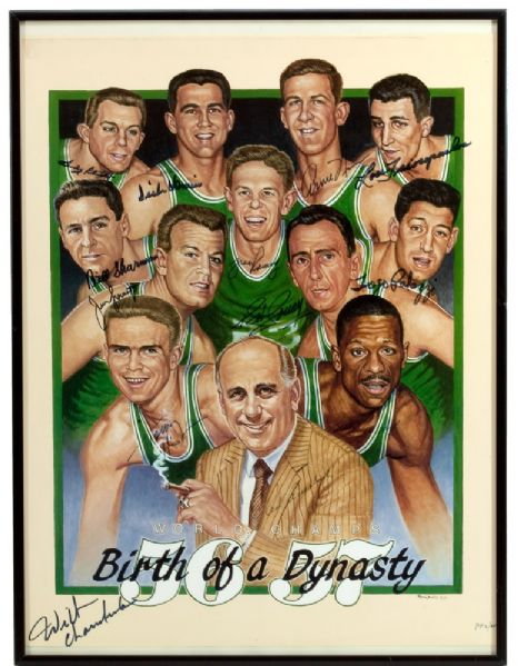 RED AUERBACHS PERSONAL BOSTON CELTICS "BIRTH OF A DYNASTY" SIGNED LITHOGRAPH (P.P. #2/20) ALSO SIGNED BY WILT CHAMBERLAIN