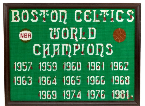 RED AUERBACHS LARGE FRAMED CELTICS WORLD CHAMPIONS NEEDLEPOINT DISPLAY