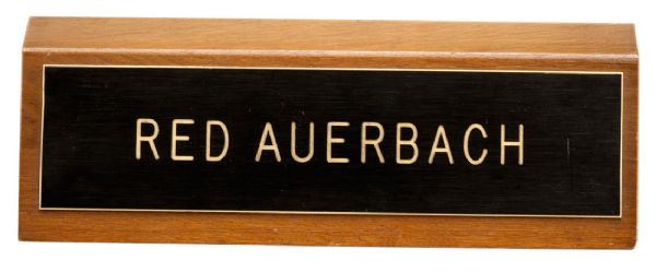 RED AUERBACHS NAMEPLATE FROM THE DESKTOP OF HIS BOSTON OFFICE (PHOTOMATCH)