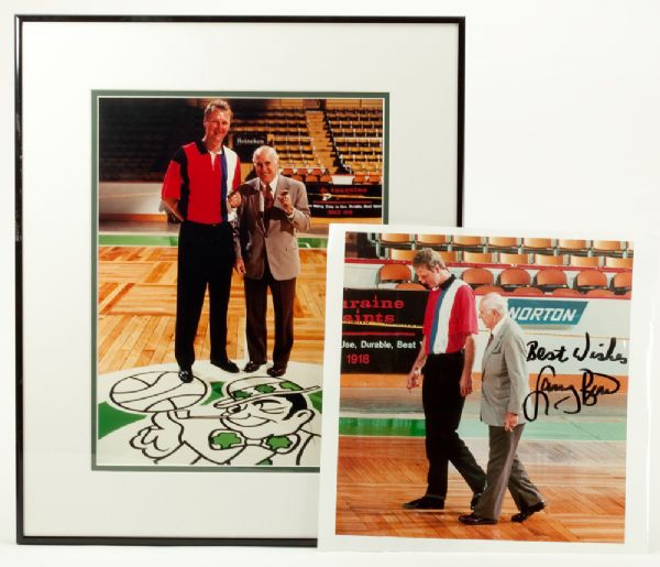 RED AUERBACHS PAIR PHOTOGRAPHS WITH LARRY BIRD ON THE DAY BIRD RETIRED - ONE SIGNED BY BIRD