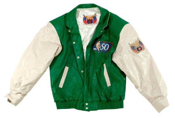RED AUERBACHS 1996 NBA 50TH ANNIVERSARY CUSTOM LEATHER JACKET BY JEFF HAMILTON (1/10) ISSUED IN RECOGNITION OF BEING NAMED ONE OF THE 10 GREATEST COACHES OF ALL-TIME