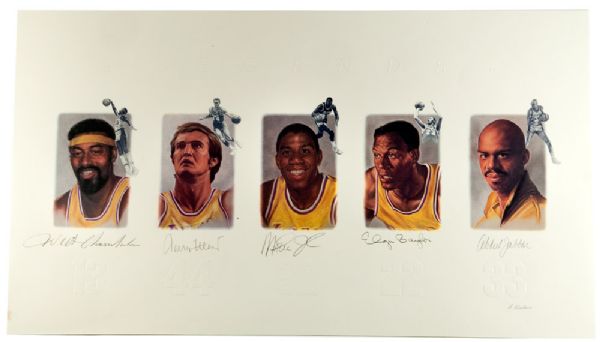 THE LOS ANGELES LAKERS LEGENDS LITHO SIGNED BY CHAMBERLAIN, WEST, JOHNSON, BAYLOR, AND ABDUL-JABBAR