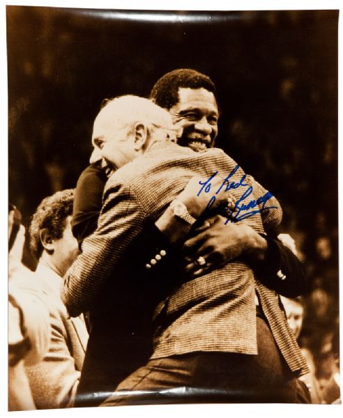 RED AUERBACHS 16X20 PHOTOGRAPH SIGNED TO RED FROM BILL RUSSELL
