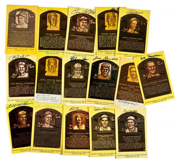 LOT OF 22 SIGNED GOLD HOF PLAQUES POSTCARDS INCL. MAYS & MCCARTHY