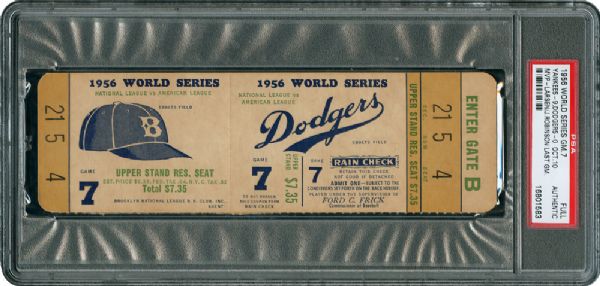 RARE 1956 WORLD SERIES GAME SEVEN FULL TICKET - JACKIE ROBINSONS FINAL GAME, YANKEES CLINCH WORLD CHAMPIONSHIP
