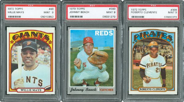 1970 TOPPS #660 JOHNNY BENCH, 1972 TOPPS #49 WILLIE MAYS, AND 1972 TOPPS #309 ROBERTO CLEMENTE - ALL MINT PSA 9