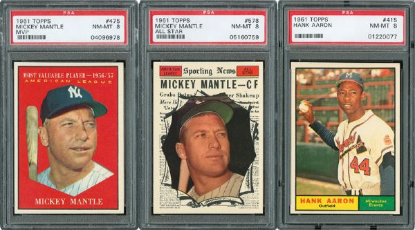 1961 TOPPS NM-MT PSA 8 LOT OF 3 KEY CARDS - #415 AARON, 475 MANTLE MVP AND 578 MANTLE ALL-STAR