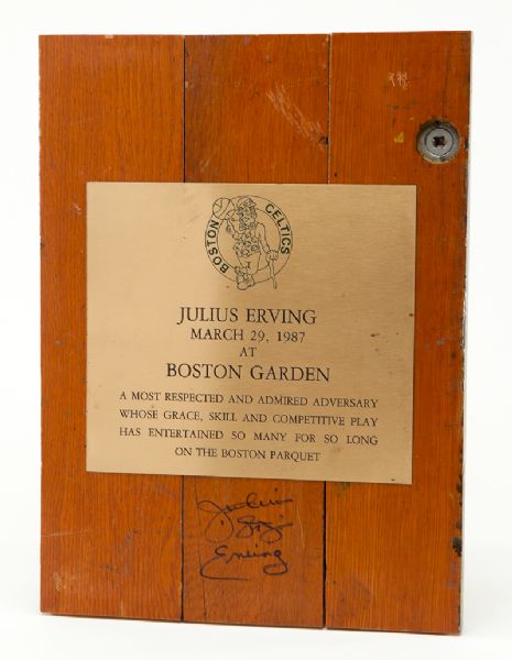 JULIUS "DR. J" ERVINGS MARCH 29, 1987 BOSTON GARDEN FAREWELL PARQUET FLOOR PRESENTATION PIECE AND LARGE SIGNED PHOTO