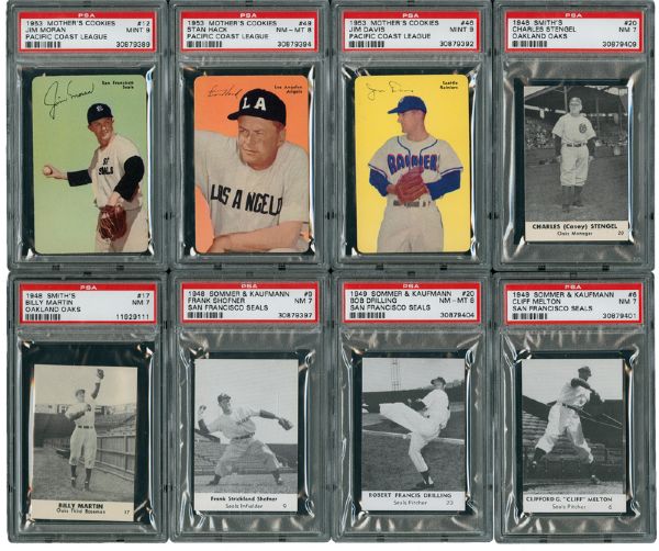 1948-53 PACIFIC COAST LEAGUE REGIONALS HIGH GRADE PSA LOT OF 22 INCLUDING CASEY STENGEL AND BILLY MARTIN