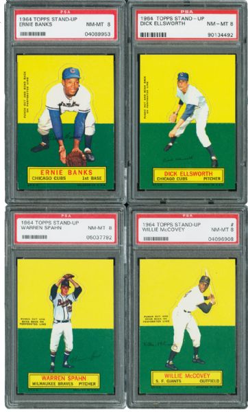 1964 TOPPS STAND-UP NM-MT PSA 8 LOT OF 4 - BANKS, MCCOVEY, SPAHN, AND ELLSWORTH