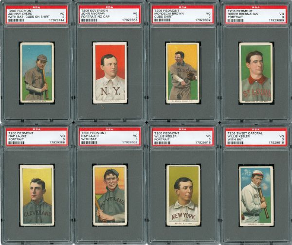 1909-11 T206 VG PSA 3 OR BETTER LOT OF 14 HALL OF FAMERS INCLUDING LAJOIE (2), KEELER (2) AND MCGRAW