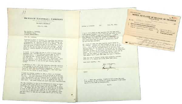 1933 FRANK NAVIN SIGNED TYPEWRITTEN LETTER TO MICKEY COCHRANE REGARDING HIM JOINING THE TIGERS W/ COCHRANES PLAYER TRANSFER CERTIFICATE