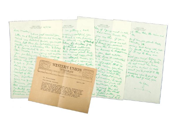 1960 TY COBB FOUR-PAGE HANDWRITTEN LETTER TO MICKEY COCHRANE REFERENCING COCA-COLA FRANCHISING W/RELATED TELEGRAM