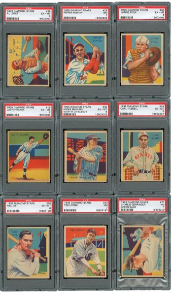 1935 R327 DIAMOND STAR PSA GRADED LOT OF 26 DIFFERENT WITH FOXX, OTT, HUBBELL, GEHRINGER AND 7 OTHER HALL OF FAMERS (1 SGC)