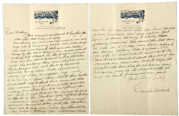 1929 CONNIE MACK TWO-PAGE HANDWRITTEN LETTER TO MICKEY COCHRANE REFERENCING COBB AND SPEAKER