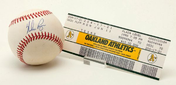NOLAN RYAN SINGLE SIGNED BASEBALL AND TICKET FROM HIS 6TH NO HITTER