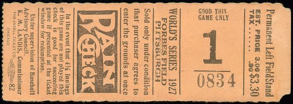 1927 WORLD SERIES GAME ONE TICKET STUB FROM FORBES FIELD