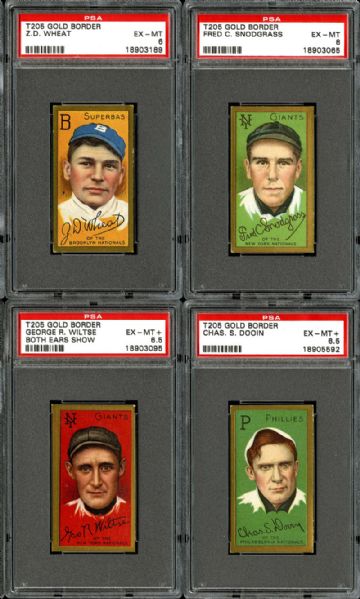 1911 T205 GOLD BORDER EX-MT PSA 6 OR BETTER LOT OF 4 INCLUDING ZACK WHEAT