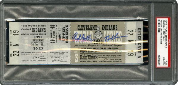 1948 WORLD SERIES (CLEVELAND INDIANS/BOSTON BRAVES) GAME 3 FULL UNUSED TICKET SIGNED BY 6 INCLUDING FELLER, SPAHN, LEMON AND DOBY