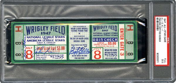 1947 ALL-STAR GAME FULL UNUSED TICKET SIGNED BY 7 INCLUDING MUSIAL, FELLER, AND SLAUGHTER