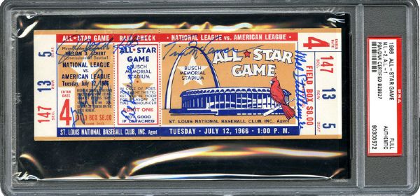 1966 ALL-STAR GAME FULL UNUSED TICKET SIGNED BY 6 INCLUDING KALINE, HUNTER AND PERRY