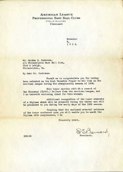 1928 E.S. BARNARD SIGNED TYPEWRITTEN LETTER TO MICKEY COCHRANE CONGRATULATING HIM ON WINNING THE 1928 AL MVP AWARD