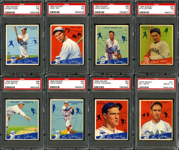 1934 GOUDEY BASEBALL NM PSA 7 OR BETTER LOT OF 15 INCLUDING KLEIN, CUYLER, HAFEY AND VAUGHAN