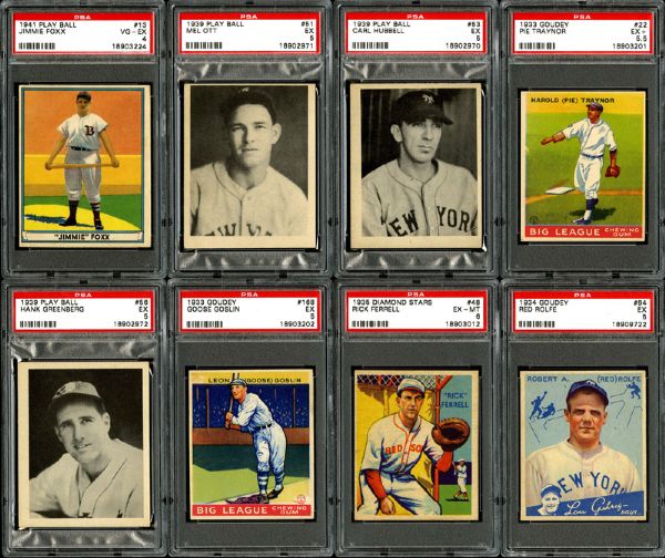 1933-41 GOUDEY, PLAY BALL, DIAMOND STAR PSA GRADED LOT OF 21 WITH FOXX, OTT, GREENBERG, AND HUBBELL