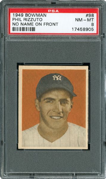 1949 BOWMAN #98 PHIL RIZZUTO (NO NAME ON FRONT) NM-MT PSA 8