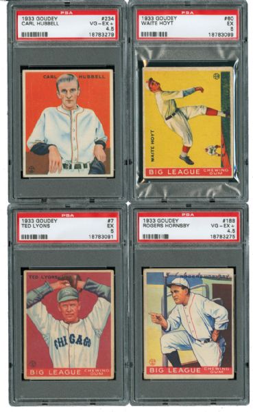 1933 GOUDEY BASEBALL PSA GRADED HALL OF FAME LOT OF 4 - HORNSBY, HUBBELL, LYONS, HOYT