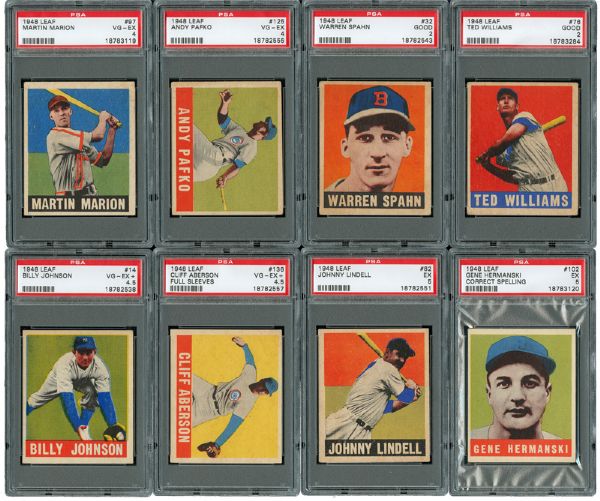 1948 LEAF BASEBALL PSA GRADED LOT OF 15 INCLUDING WILLIAMS AND SPAHN