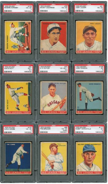 1933 GOUDEY BASEBALL PSA GRADED LOT OF 9 HALL OF FAMERS WITH HORNSBY AND SPEAKER