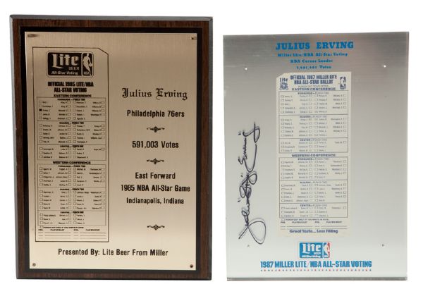 JULIUS "DR. J" ERVINGS 1985 AND 1987 MILLER LITE BEER NBA ALL-STAR VOTING AWARDS