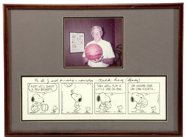 FRAMED PEANUTS COMIC STRIP DISPLAY SIGNED BY CHARLES SCHULTZ AND GIVEN TO JULIUS ERVING