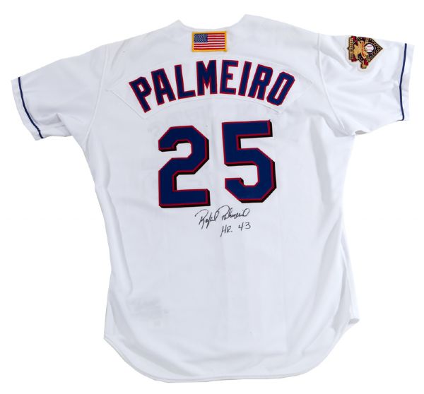 2001 RAFAEL PALMEIRO TEXAS RANGERS GAME WORN HOME JERSEY SIGNED WITH INSCRIPTION "HR 43"