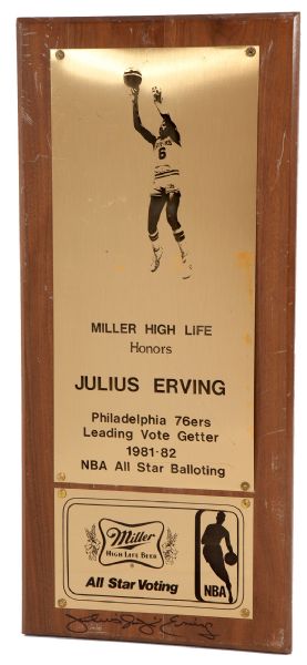 JULIUS "DR. J" ERVINGS AUTOGRAPHED 1981-82 MILLER HIGH LIFE NBA ALL-STAR LEADING VOTE GETTER AWARD PLAQUE