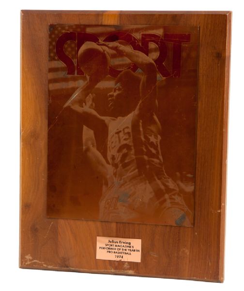 JULIUS "DR. J" ERVINGS 1974 SPORT MAGAZINE "PERFORMER OF THE YEAR IN PRO BASKETBALL" AWARD PLAQUE