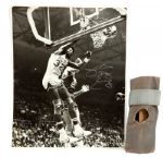 JULIUS "DR. J" ERVINGS GAME WORN KNEE BRACE USED IN THE 1979 FILM "THE FISH THAT SAVED PITTSBURGH" WITH AUTOGRAPHED ORIGINAL 16" X 20" PHOTO SHOWING HIM WEARING SIMILAR BRACE