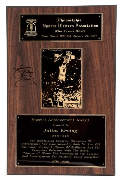 JULIUS "DR. J" ERVINGS AUTOGRAPHED 1994 PHILADELPHIA SPORTS WRITERS ASSOC. AWARD PLAQUE