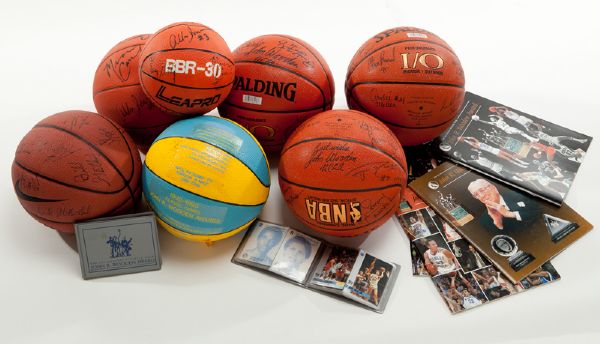 LARGE JOHN WOODEN AWARD DINNER COLLECTION INC. SIGNED BASKETBALLS (7), PROGRAMS, AND MORE