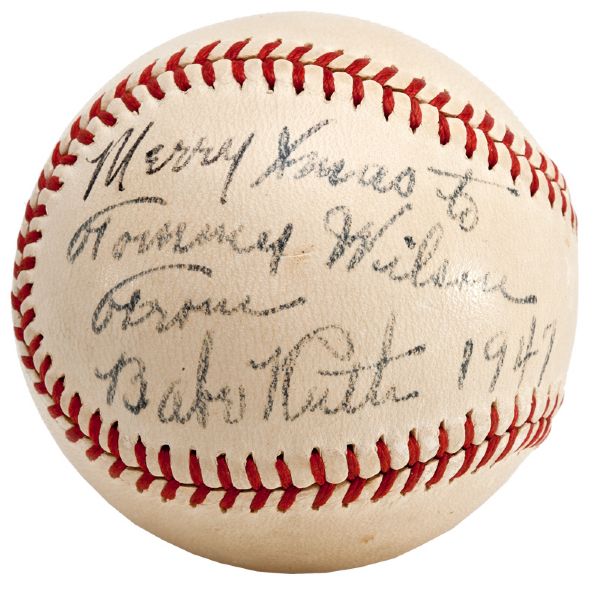 BABE RUTH 1947 INSCRIBED "MERRY XMAS" BASEBALL AND RELATED PHOTOGRAPH