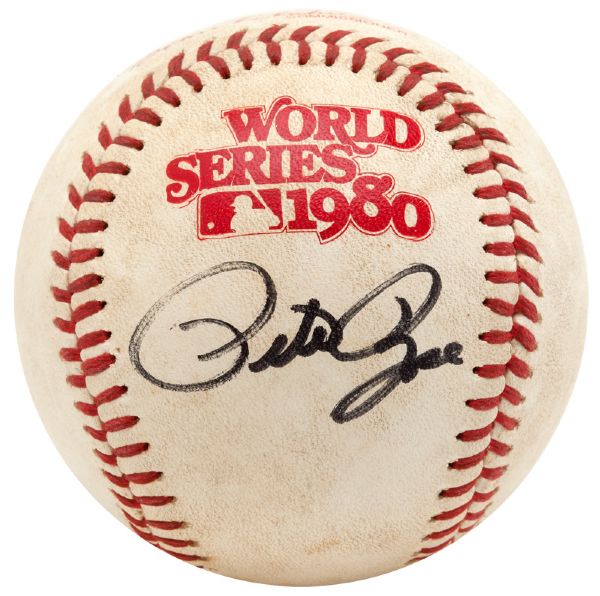 1980 WORLD SERIES (PHILLIES VS. ROYALS) GAME USED BASEBALL SIGNED BY PETE ROSE